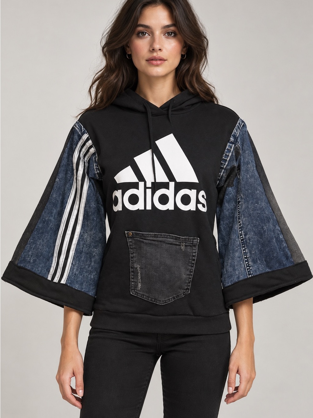 Upcycled adidas Black Hoodie and Denim kimono style Panel Sleeves size S